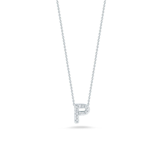 This exquisite necklace from Roberto Coin's Tiny Treasures collection showcases a pendant in the form of the letter "P," meticulously crafted from 18K white gold and embellished with dazzling diamonds. The pendant stands out beautifully against a simple white backdrop.