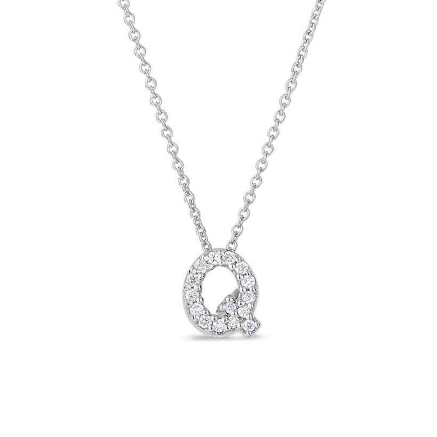 Introducing the Roberto Coin Tiny Treasures Love Letter 18K White Gold Diamond Initial Necklace Pendant. This exquisite piece features a delicate chain adorned with a sparkling initial 'Q' pendant, embellished with diamonds, perfectly capturing elegance and charm.