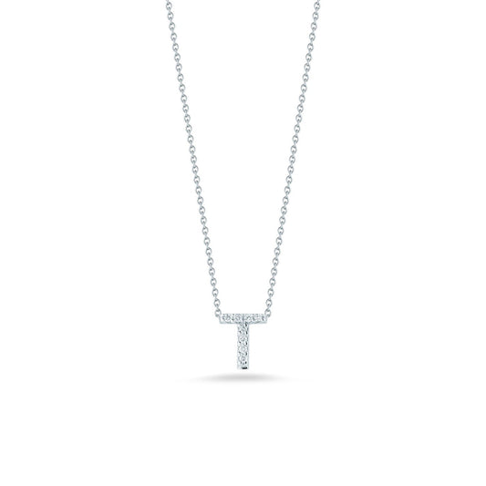 From the Roberto Coin Tiny Treasures Collection, this exquisite 18K white gold necklace features a dazzling letter "T" pendant adorned with small diamonds, elegantly highlighted against a plain white background.