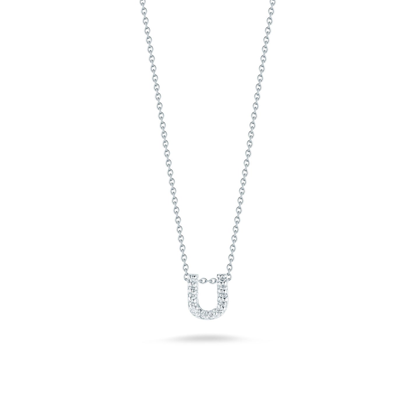 The Roberto Coin Tiny Treasures Love Letter 18K White Gold Diamond Initial Necklace Pendant showcases a refined elegance with its initial 'U' pendant adorned with shimmering diamonds, perfectly complemented by a fine, lightweight chain for a sophisticated and subtle look.