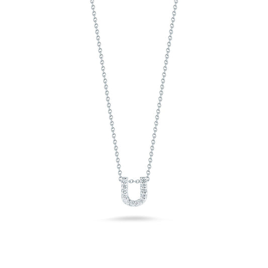 The Roberto Coin Tiny Treasures Love Letter 18K White Gold Diamond Initial Necklace Pendant showcases a refined elegance with its initial 'U' pendant adorned with shimmering diamonds, perfectly complemented by a fine, lightweight chain for a sophisticated and subtle look.