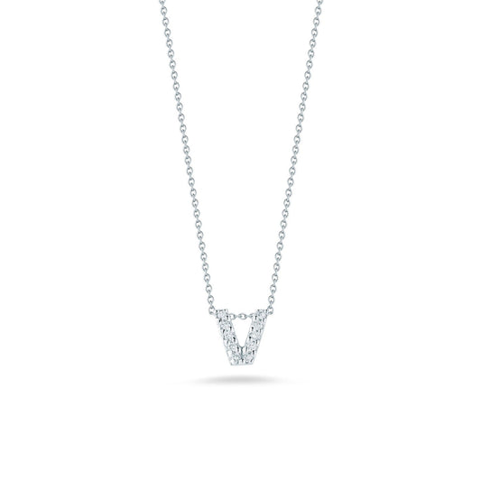 From Roberto Coin's Tiny Treasures collection, this elegant silver necklace showcases an 18K white gold pendant shaped like the letter "V". The pendant is adorned with small, sparkling diamonds, and the simple chain highlights its brilliance against a plain white background.