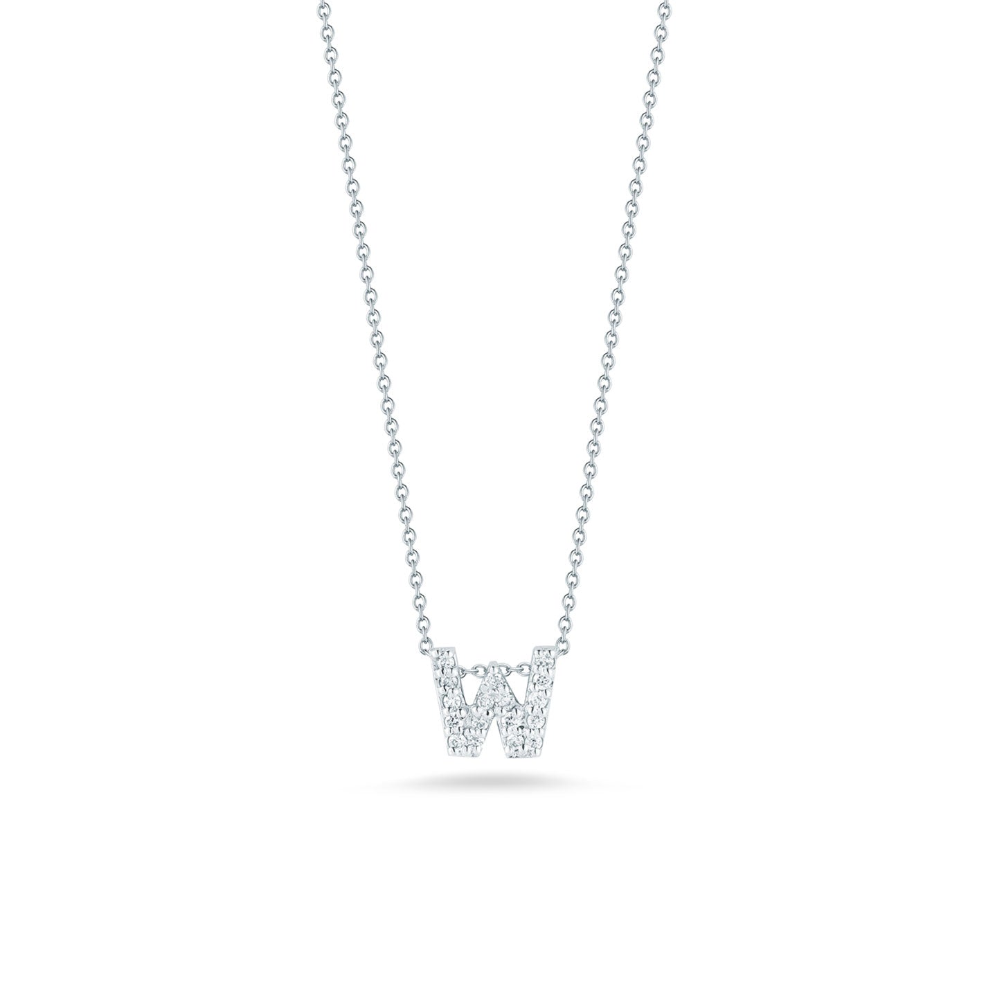 The Roberto Coin Tiny Treasures 18K White Gold Diamond Initial Necklace Pendant showcases a delicate design with a sparkling "W" adorned with small diamonds. Its minimalist elegance is accentuated by the fine chain, highlighting its beauty as part of Roberto Coin's renowned collection.