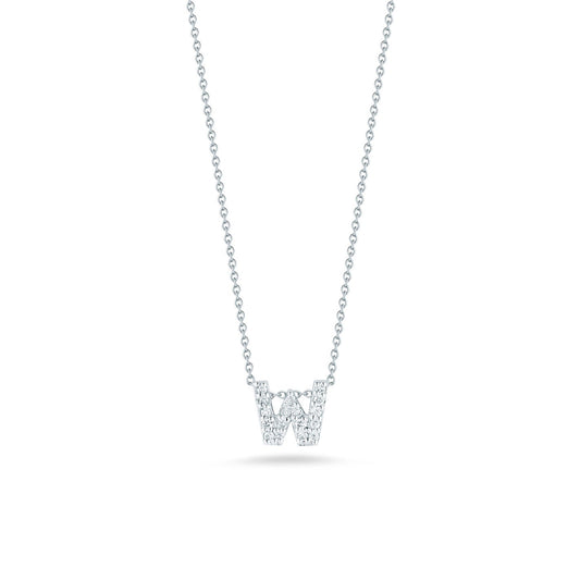 The Roberto Coin Tiny Treasures 18K White Gold Diamond Initial Necklace Pendant showcases a delicate design with a sparkling "W" adorned with small diamonds. Its minimalist elegance is accentuated by the fine chain, highlighting its beauty as part of Roberto Coin's renowned collection.