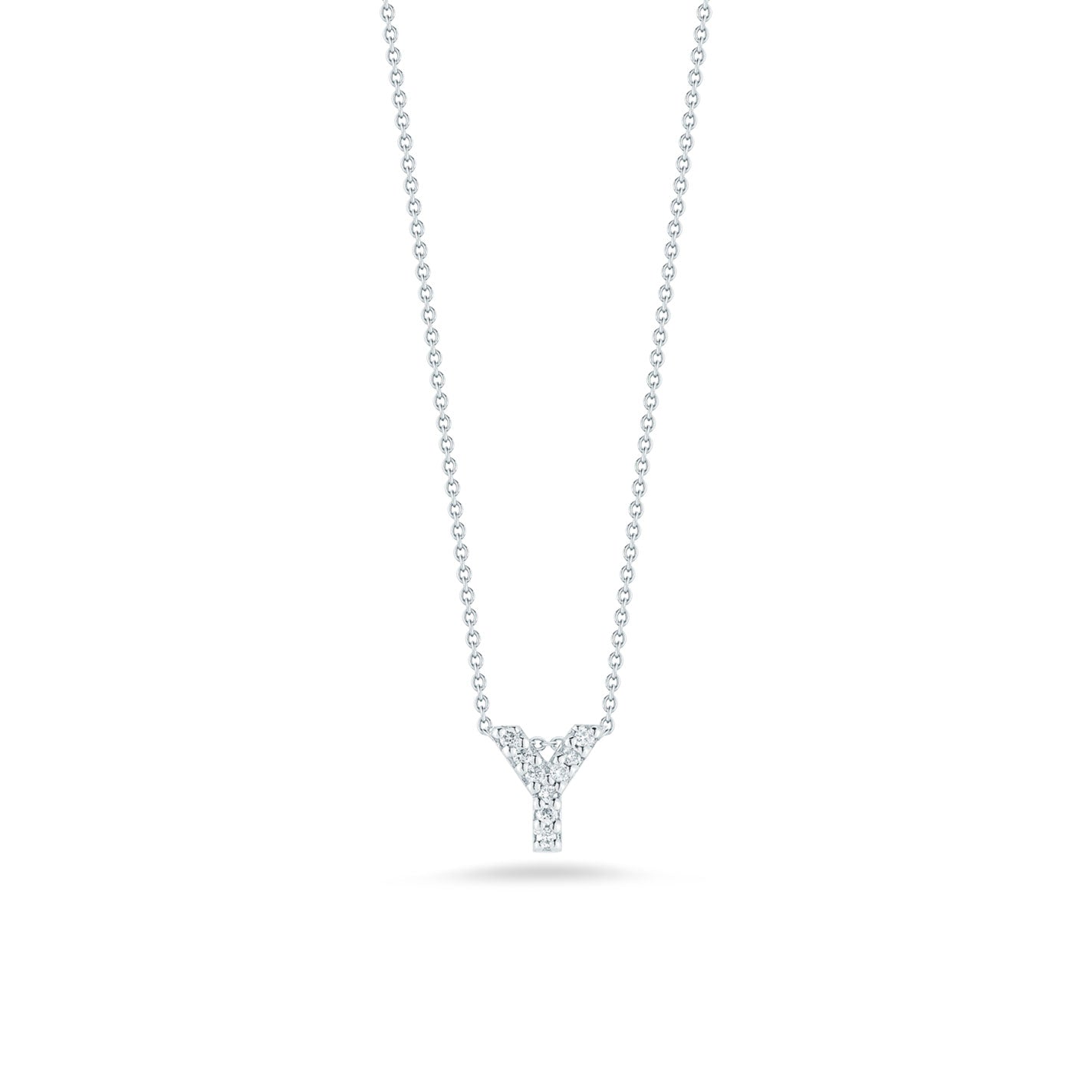 From the Roberto Coin Tiny Treasures collection, this elegant necklace showcases a Love Letter Initial 'Y' pendant crafted in 18K white gold, adorned with shimmering diamonds.