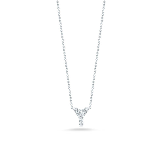 From the Roberto Coin Tiny Treasures collection, this elegant necklace showcases a Love Letter Initial 'Y' pendant crafted in 18K white gold, adorned with shimmering diamonds.