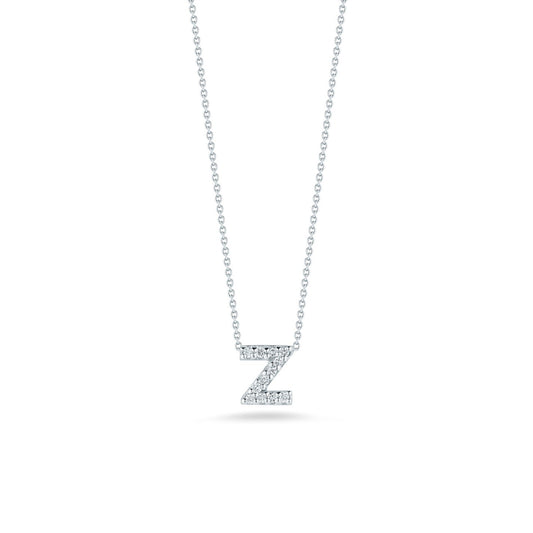 The Roberto Coin Tiny Treasures Love Letter 18K White Gold Diamond Initial Necklace Pendant features a delicate initial 'Z' crafted from 18K white gold, embellished with small, sparkling diamonds against a plain white background.