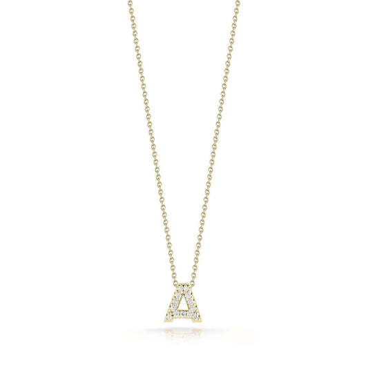 The Roberto Coin Tiny Treasures Love Letter 18K Yellow Gold Diamond Initial Necklace Pendant features a diamond-adorned pendant in the shape of the letter "A," crafted from 18 Karat Yellow Gold. This exquisite design by Roberto Coin elegantly hangs at the center against a white background.