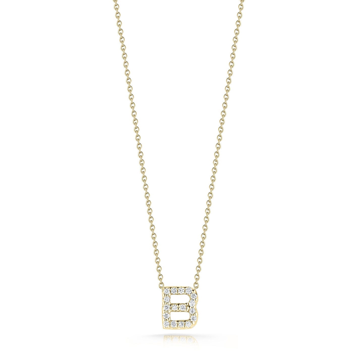 The Roberto Coin Tiny Treasures Love Letter 18K Yellow Gold Diamond Initial Necklace Pendant features a diamond-encrusted love letter initial "B" pendant.