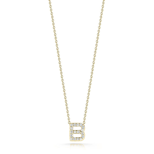 The Roberto Coin Tiny Treasures Love Letter 18K Yellow Gold Diamond Initial Necklace Pendant features a diamond-encrusted love letter initial "B" pendant.