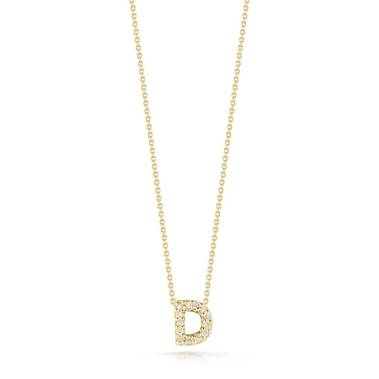 The Roberto Coin Tiny Treasures Love Letter 18K Yellow Gold Diamond Initial Necklace Pendant is an exquisite piece from the renowned brand Roberto Coin. It features a graceful gold necklace with a "D" -shaped pendant, embellished with delicate, sparkling diamonds. The slender chain beautifully enhances the shimmering appeal of this initial pendant.