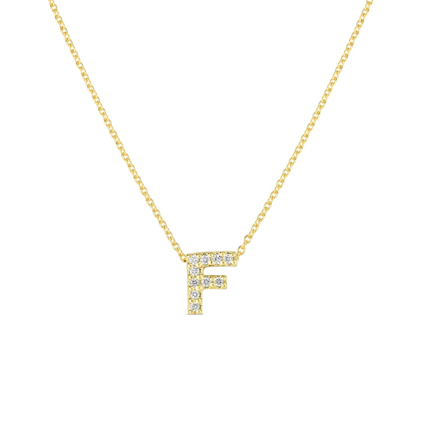 The Roberto Coin Tiny Treasures Love Letter 18K Yellow Gold Diamond Initial Necklace Pendant showcases a letter "F" beautifully adorned with small sparkling diamonds. The pendant is crafted from 18k yellow gold, with the delicate chain highlighting the dazzling letter centerpiece.