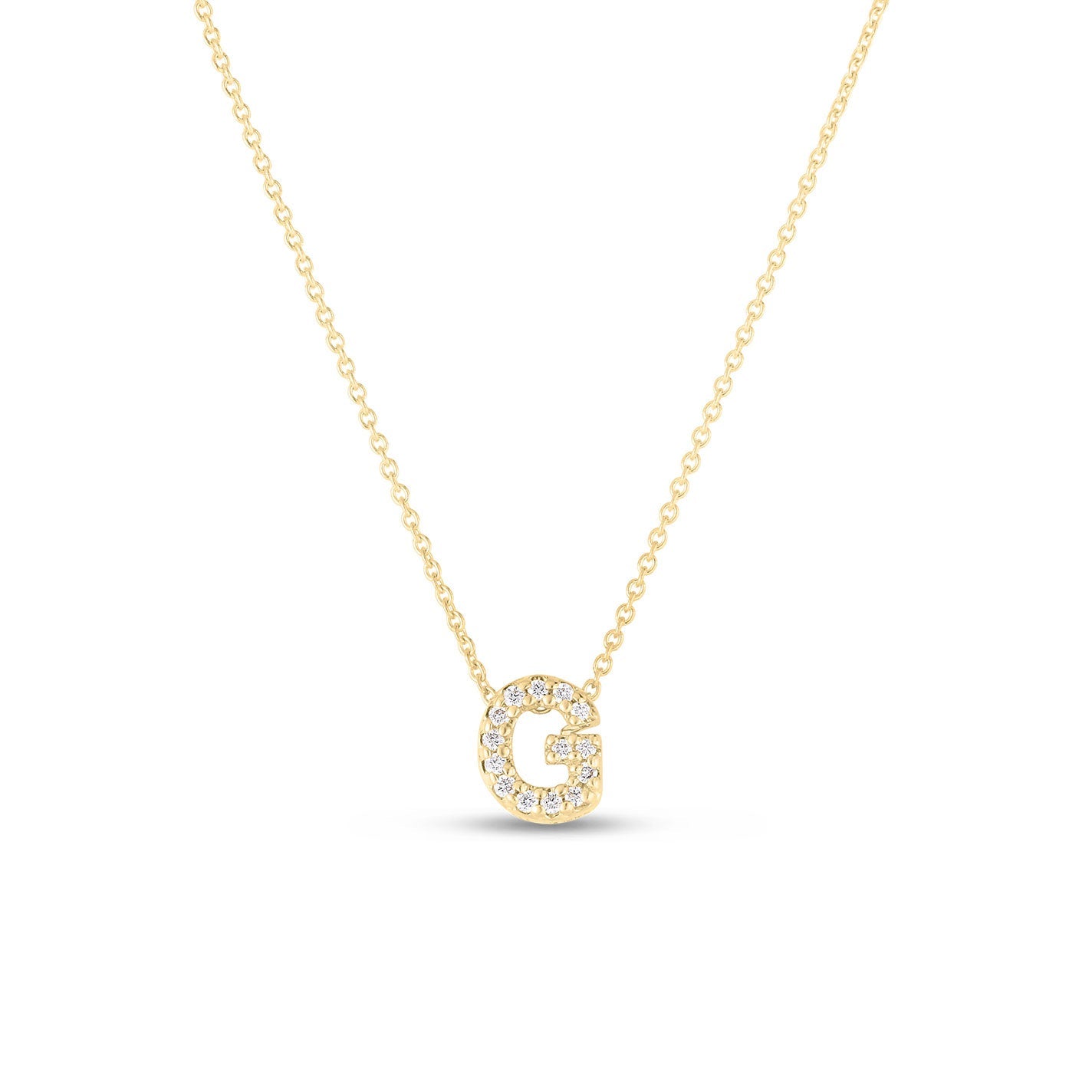 The Roberto Coin Tiny Treasures Love Letter 18K Yellow Gold Diamond Initial Necklace Pendant elegantly displays a pendant in the shape of the letter 'G,' adorned with sparkling diamonds. This exquisite piece by Roberto Coin showcases its total carat weight beautifully and is artfully presented against a plain white background.