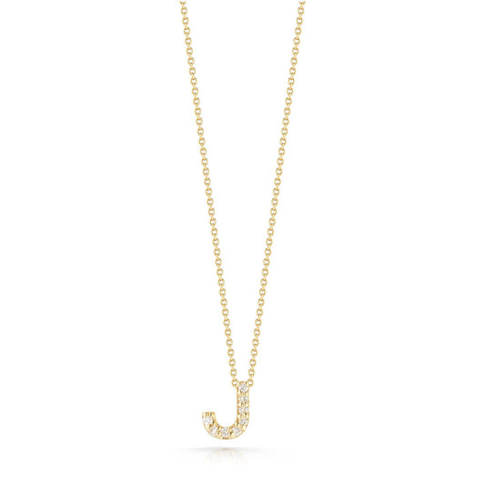 The Roberto Coin Tiny Treasures Love Letter Necklace features a "J" pendant encrusted with small diamonds, elegantly crafted from 18k yellow gold, and suspended from a delicate chain against a plain white background.