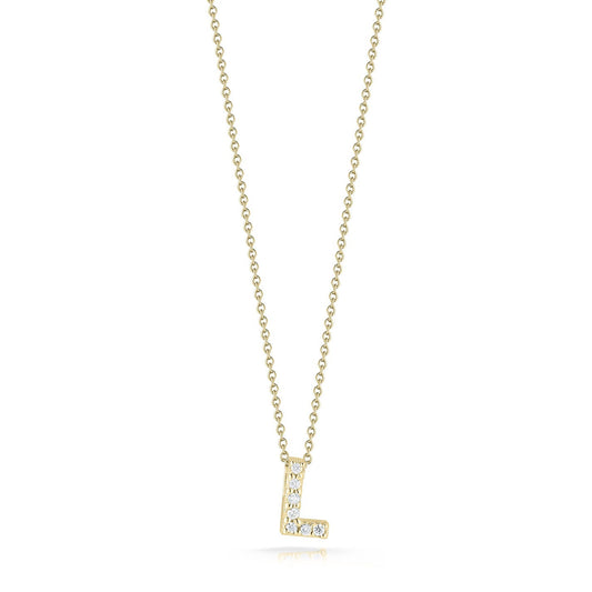 The Roberto Coin Tiny Treasures Love Letter 18K Yellow Gold Diamond Initial Necklace Pendant showcases a sophisticated 18 Karat yellow gold pendant in the shape of the initial "L," embellished with shimmering diamonds. This elegant piece is reminiscent of a love letter, all set against a white background.