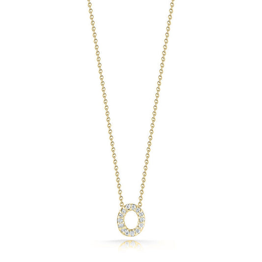 The Roberto Coin Tiny Treasures Love Letter 18K Yellow Gold Diamond Initial Necklace Pendant beautifully features a circular diamond pendant. Part of the renowned Tiny Treasures Collection, this necklace boasts a simple and elegant design with an open circle that delicately hangs from the chain, adding a touch of sophistication.