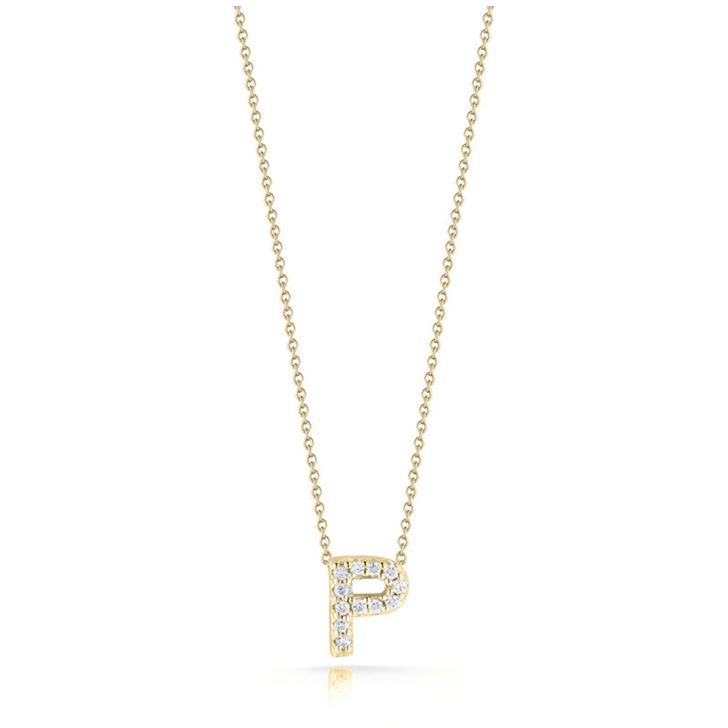 The Roberto Coin Tiny Treasures Love Letter necklace showcases a delicate gold chain with an 18 Karat yellow gold pendant in the shape of the letter "P," adorned with small diamonds.