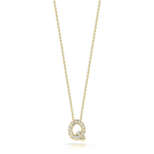 The exquisite Roberto Coin Tiny Treasures Love Letter 18K Yellow Gold Diamond Initial Necklace Pendant, showcasing a brilliant "Q" embellished with sparkling diamonds, is ideal for adding a touch of elegance to any outfit.