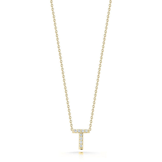 The Roberto Coin Tiny Treasures Love Letter necklace features an 18K yellow gold pendant adorned with a sparkling "T" initial, beautifully set with small round diamonds.