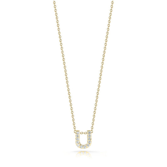 The Roberto Coin Tiny Treasures Love Letter 18K Yellow Gold Diamond Initial Necklace Pendant is a stunning piece from the renowned brand, featuring an initial pendant in the shape of "U" and embellished with round, sparkling diamonds.