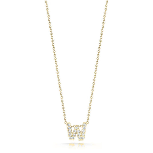 The Roberto Coin Tiny Treasures Love Letter 18K Yellow Gold Diamond Initial Necklace Pendant showcases an exquisite "W" charm encrusted with diamonds. The fine and elegant chain from Roberto Coin perfectly complements this sparkling letter pendant.