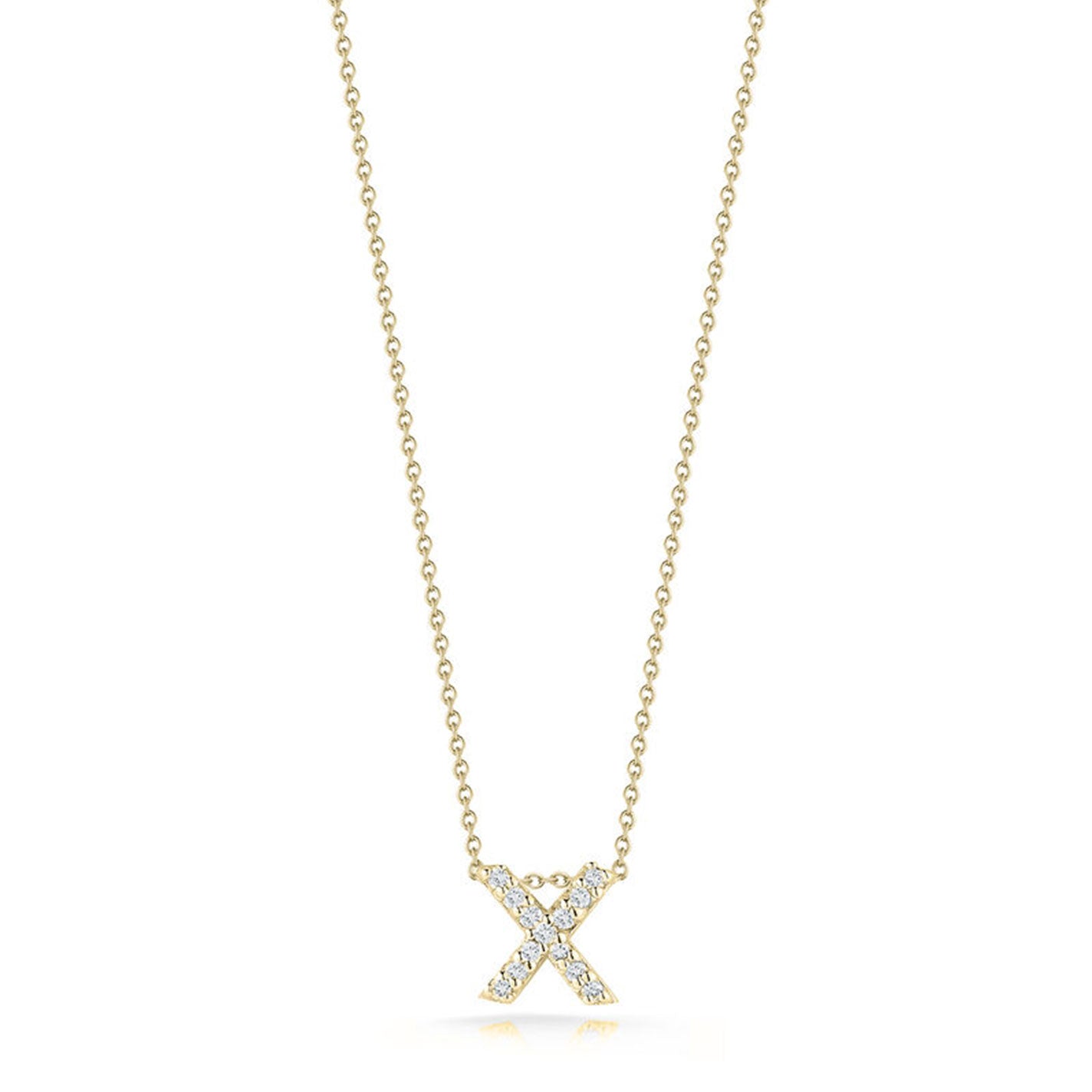 The Roberto Coin Tiny Treasures Love Letter 18K Yellow Gold Diamond Initial Necklace Pendant is a luxurious piece featuring an intricate letter "X" design adorned with sparkling diamonds, elegantly displayed against a white background.