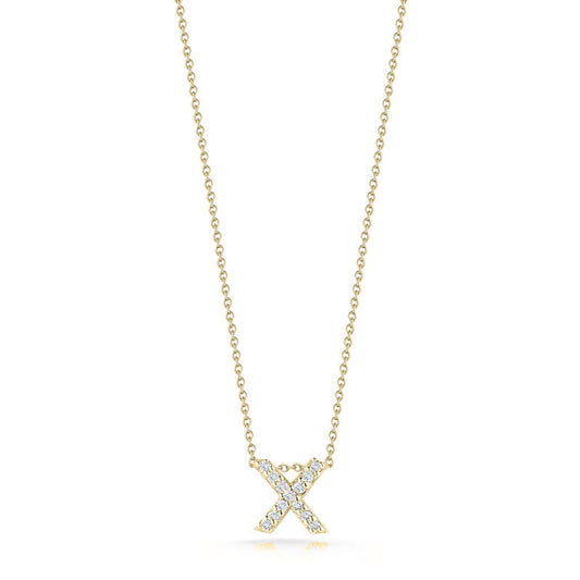 The Roberto Coin Tiny Treasures Love Letter 18K Yellow Gold Diamond Initial Necklace Pendant is a luxurious piece featuring an intricate letter "X" design adorned with sparkling diamonds, elegantly displayed against a white background.