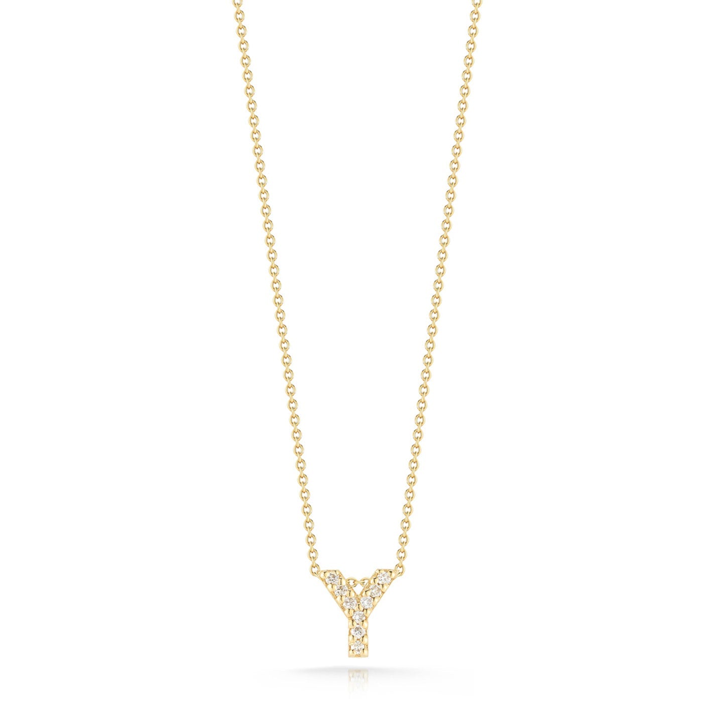 The Roberto Coin Tiny Treasures Love Letter 18K Yellow Gold Diamond Initial Necklace Pendant features a "Y" initial embellished with small round diamonds, gracefully suspended from a fine chain.