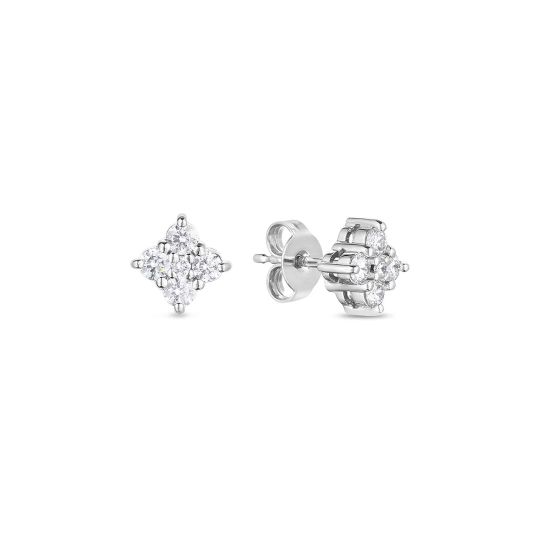 The Roberto Coin Tiny Treasures 18K White Gold Diamond Flower Stud Earrings feature a square cluster setting with silver prongs and butterfly backings—elegant diamond earrings that add timeless sparkle to any look.