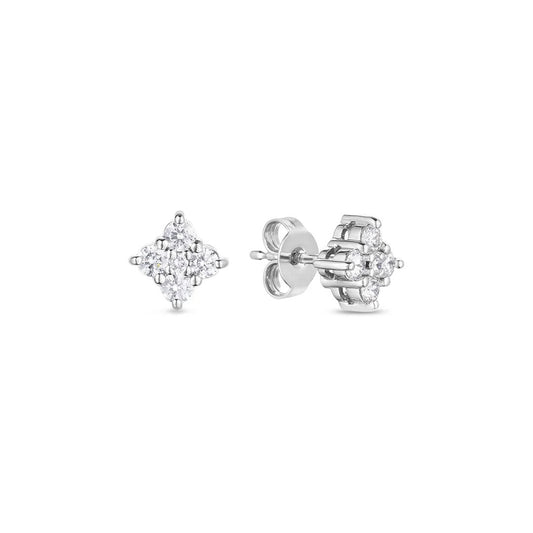 The Roberto Coin Tiny Treasures 18K White Gold Diamond Flower Stud Earrings feature a square cluster setting with silver prongs and butterfly backings—elegant diamond earrings that add timeless sparkle to any look.