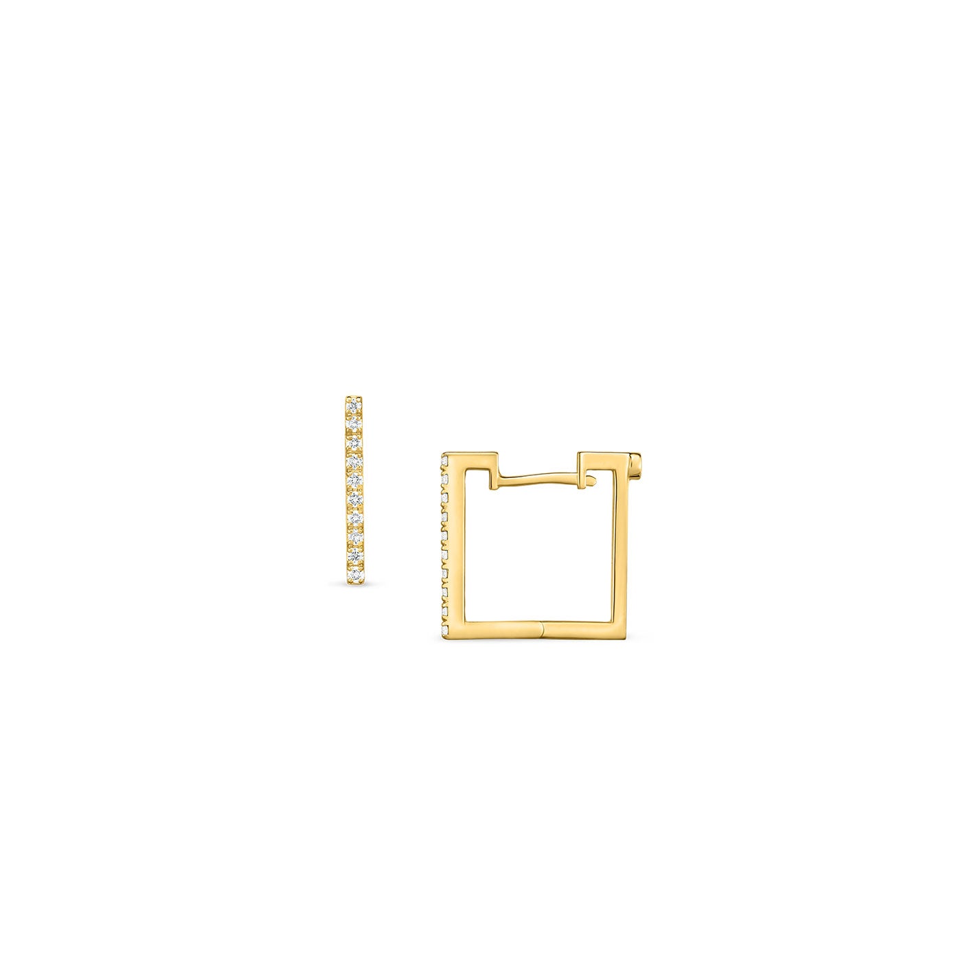 The Roberto Coin Perfect Diamond 18K Yellow Gold Square Earrings are displayed. One earring stands upright, featuring embedded small gemstones that reflect Roberto Coin's signature style, while the other lies horizontally to accentuate its square shape and clasp detail. The background is plain white.