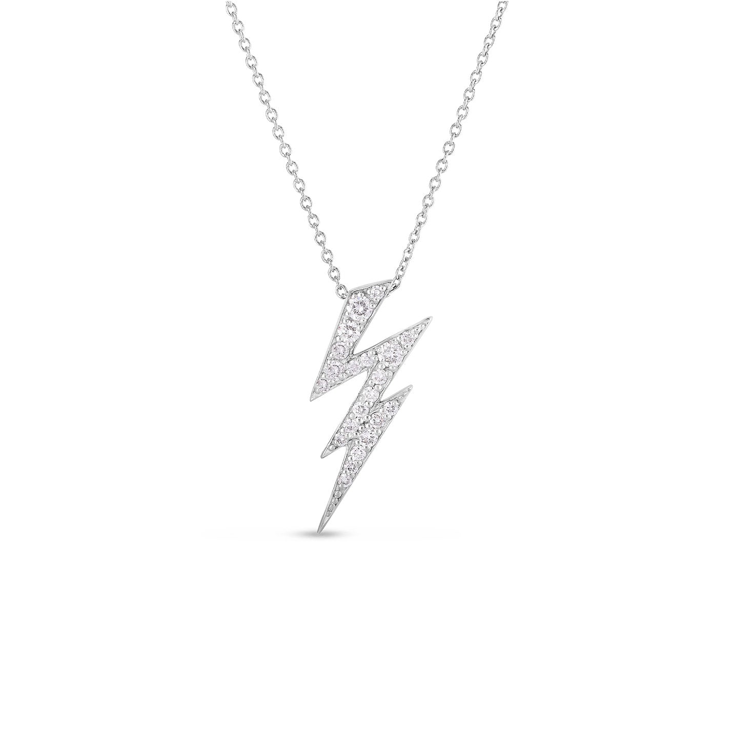 The Roberto Coin Tiny Treasures 18K White Gold Diamond Lightning Bolt Necklace Pendant features a delicate lightning bolt design adorned with shimmering diamonds on a fine chain. Crafted from 18k white gold, this piece offers a minimalistic and elegant look that stands out against a plain white background.