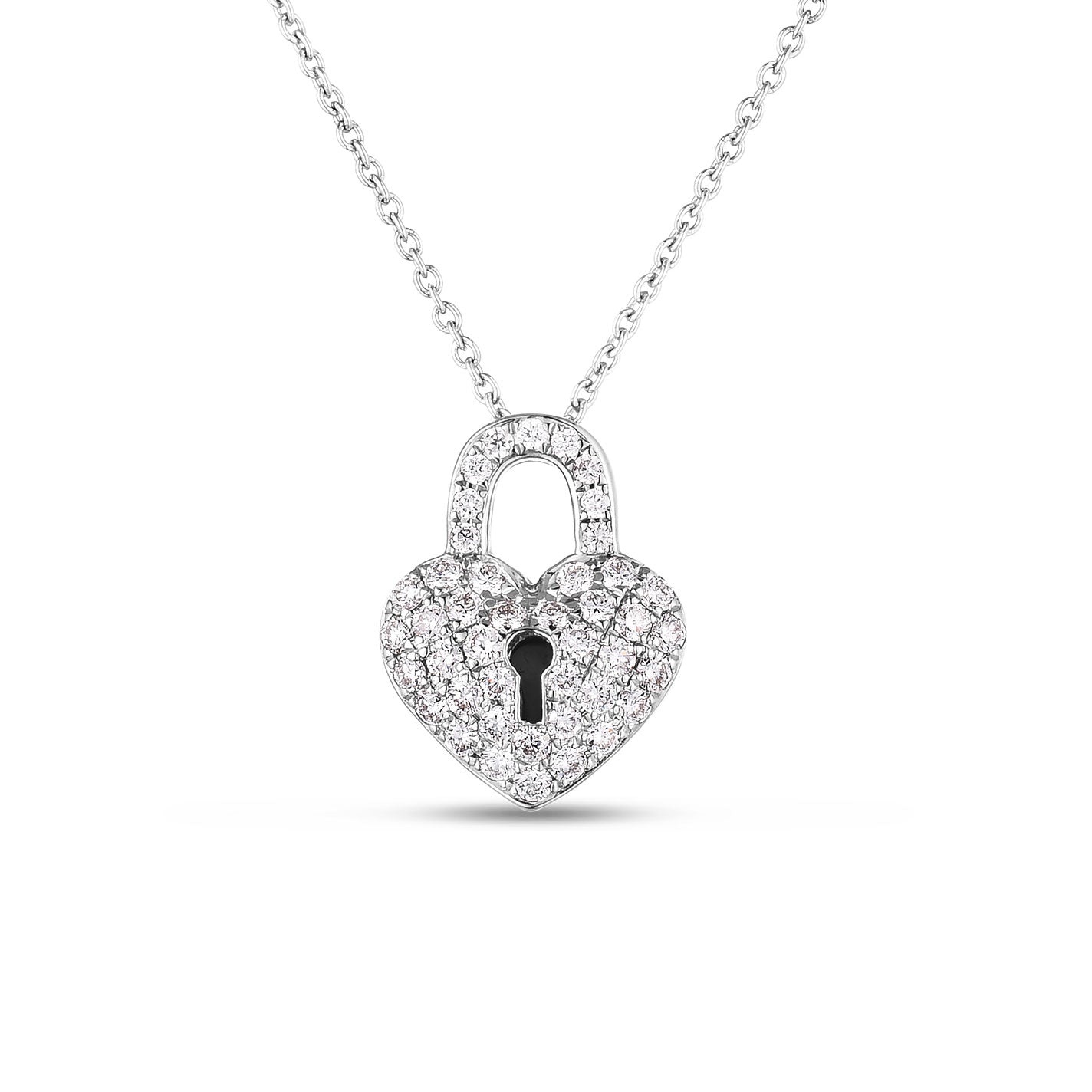 The Roberto Coin Tiny Treasures 18k White Gold Diamond Heart Locket Necklace Pendant is a stunning piece from Roberto Coin, showcasing a silver heart-shaped design adorned with small diamonds that gracefully dangles from an 18k white gold chain.