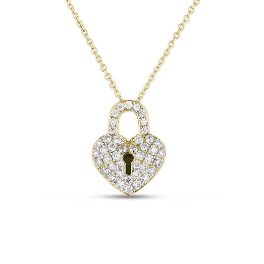 The Roberto Coin Tiny Treasures necklace, crafted in 18K Yellow Gold, features a diamond-encrusted heart locket pendant. At its center is a keyhole design, all suspended elegantly on a delicate gold chain against a white backdrop.