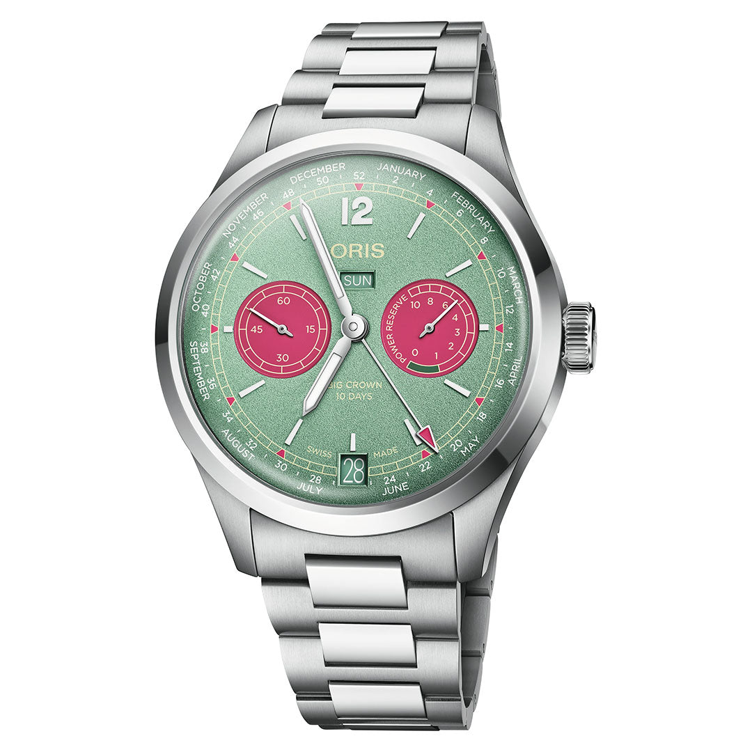 The ORIS Big Crown Calibre 113 Automatic Winding 43mm Watch features a stainless steel case, green dial with red subdials, silver hour markers, metal bracelet, and a comprehensive business calendar display.