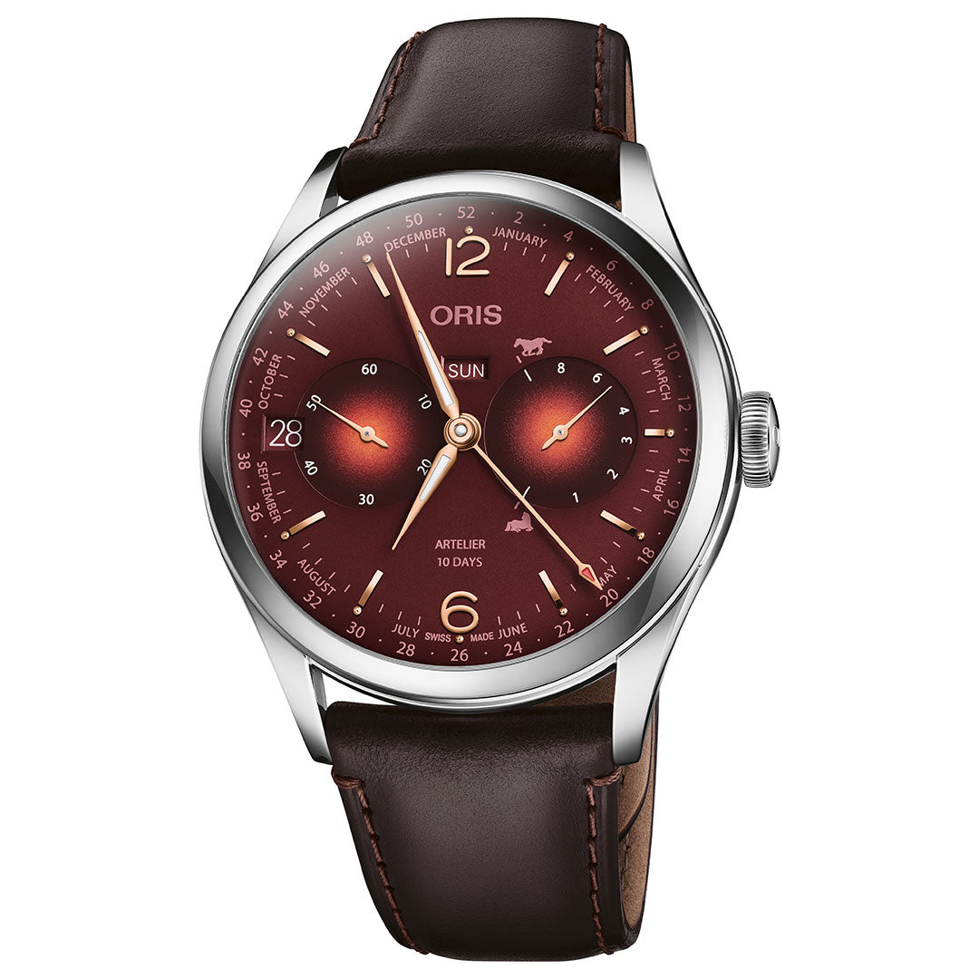 The ORIS Artelier Year of the Horse Automatic 43mm Limited Edition (88 pieces) features a maroon dial, silver case, brown leather strap, gold hour markers, calendar display, day/date functions, and multiple subdials.