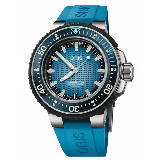 ORIS Aquis Pro 4000m Automatic Winding 49.5mm Watch featuring a blue wave-patterned dial, a black rotating bezel, and a bright blue rubber strap.