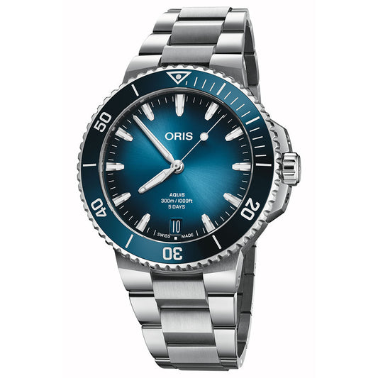 The ORIS Aquis Date Calibre 400 Automatic Winding 43.5mm Watch features a blue gradient dial, silver markers and hands, diving bezel, date window at 6 o’clock, and is shown at a slight angle.