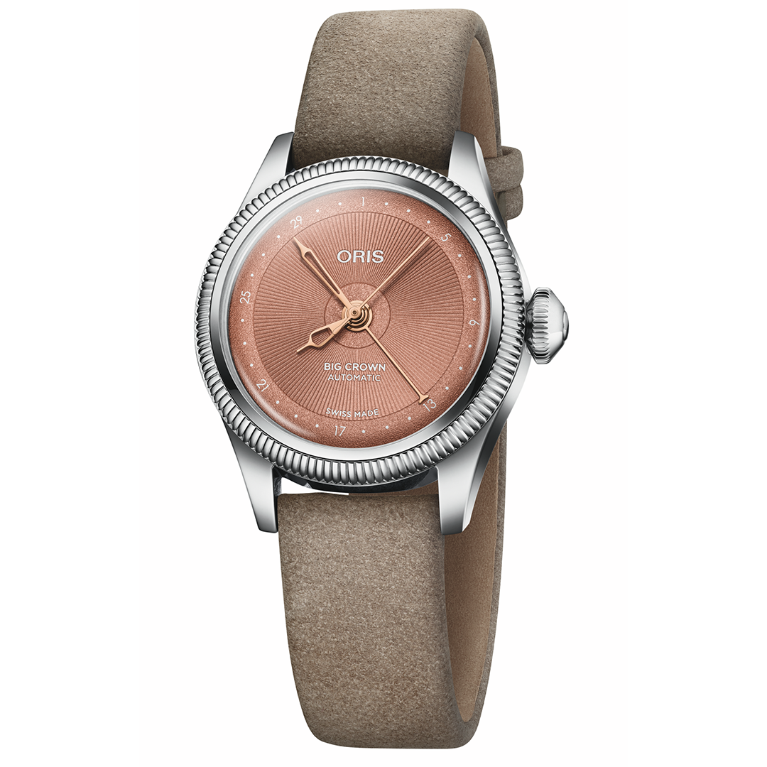 ORIS Big Crown Pointer Date Calibre 534 Automatic Winding 29mm Watch featuring a salmon-colored dial, silver coin-edge bezel, and light brown suede strap.