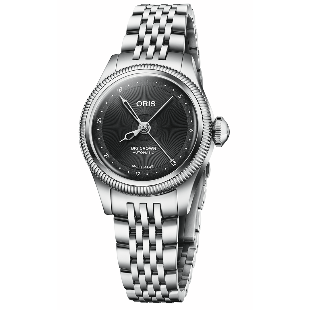 ORIS Big Crown Pointer Date Calibre 534 Automatic Winding 29mm Watch with a silver link bracelet, fluted bezel, and a black dial featuring skeletonised hands.