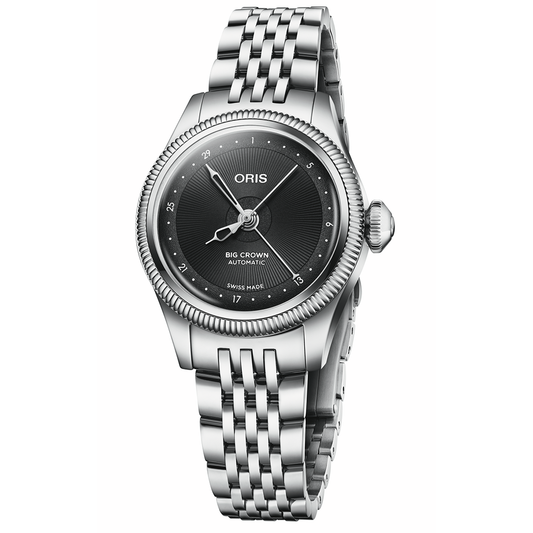 ORIS Big Crown Pointer Date Calibre 534 Automatic Winding 29mm Watch with a silver link bracelet, fluted bezel, and a black dial featuring skeletonised hands.