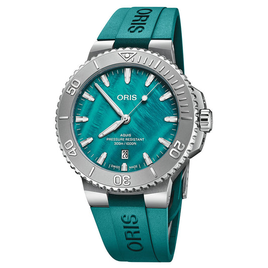 The ORIS Aquis New York Harbor Limited Edition 43.5mm features an aqua green wavy-textured dial, matching rubber strap, silver rotating bezel, date at 6 o'clock, water resistance, and white hour markers.