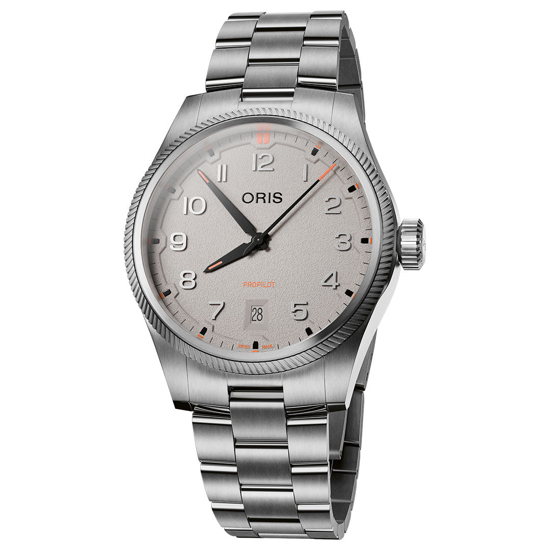 The ORIS Pro Pilot Date Automatic 41mm watch features a stainless steel case, silver dial with Arabic numerals, signature Oris Red Rotor, date at 6 o’clock, and metal bracelet. The time shown is 10:08:36.