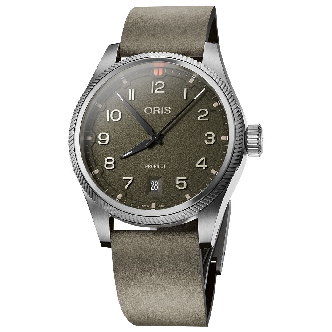 The ORIS Pro Pilot Date Automatic 41mm Watch features a stainless steel case, olive green dial with white numerals and hands, a date window at 6 o'clock, Oris Red Rotor, and an olive green leather strap.