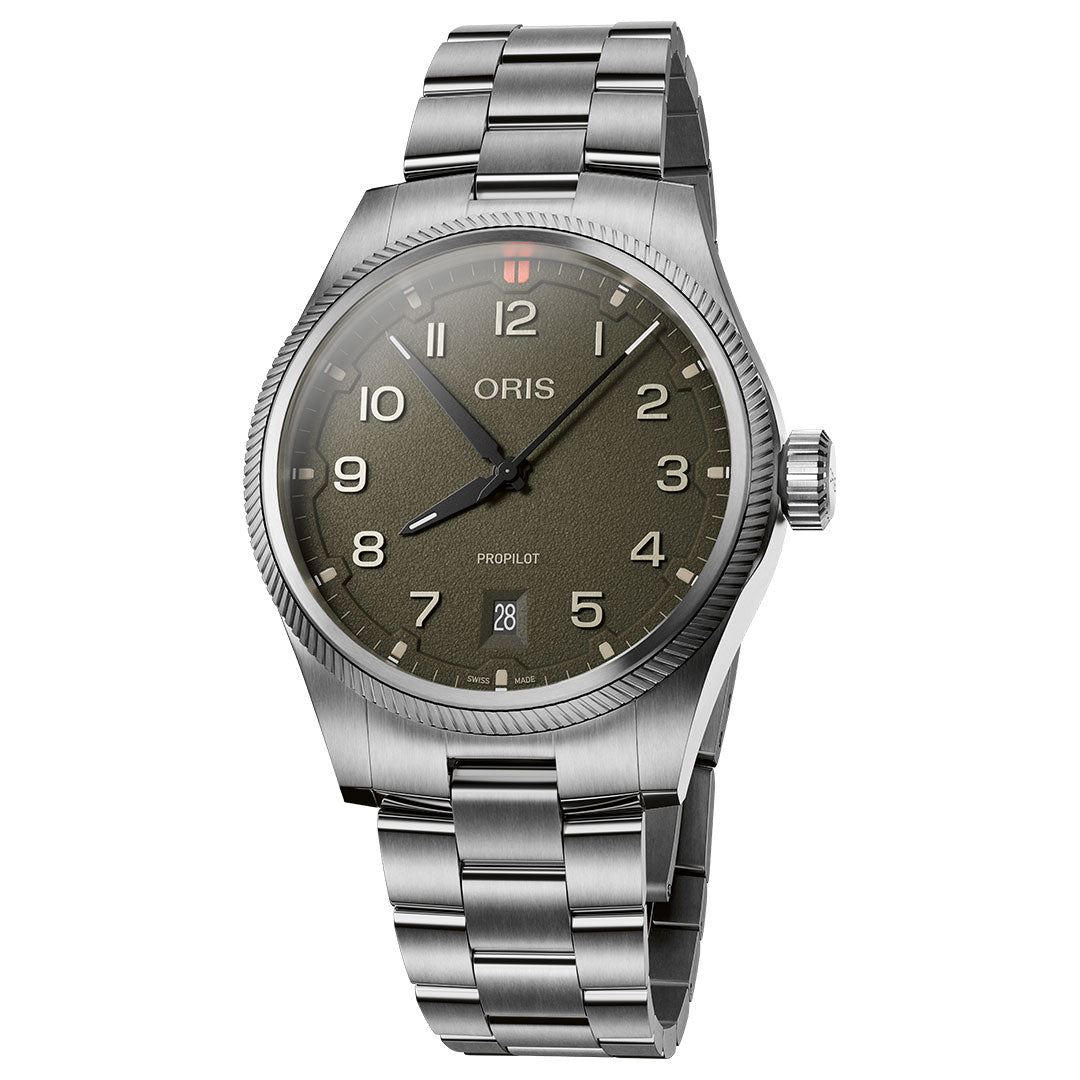 The ORIS Pro Pilot Date Automatic 41mm Watch features a stainless steel case, olive green dial with silver markers and hands, Calibre 733 movement, date at 6 o’clock, metal link bracelet, and displays the time as 10:09.