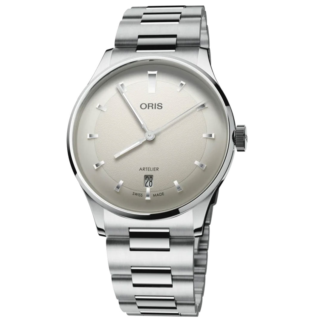 The ORIS Artelier Date Calibre 733-1 Automatic 38mm Watch features a stainless steel band, minimalist cream dial with silver markers, Swiss automatic movement, date at 6 o’clock, and the ORIS logo below 12 o’clock.