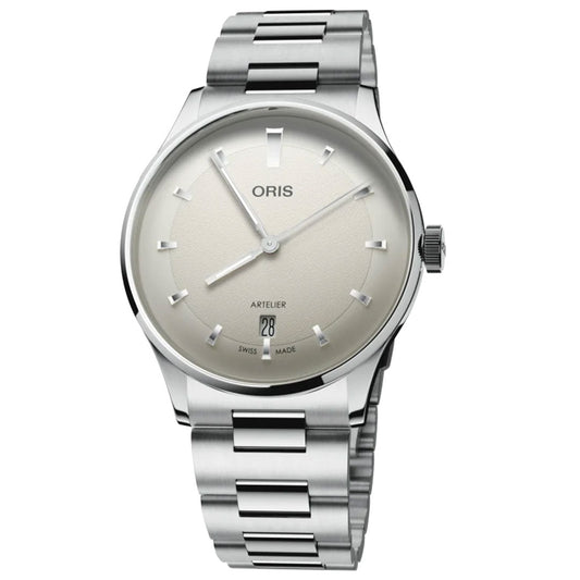 The ORIS Artelier Date Calibre 733-1 Automatic 38mm Watch features a stainless steel band, minimalist cream dial with silver markers, Swiss automatic movement, date at 6 o’clock, and the ORIS logo below 12 o’clock.