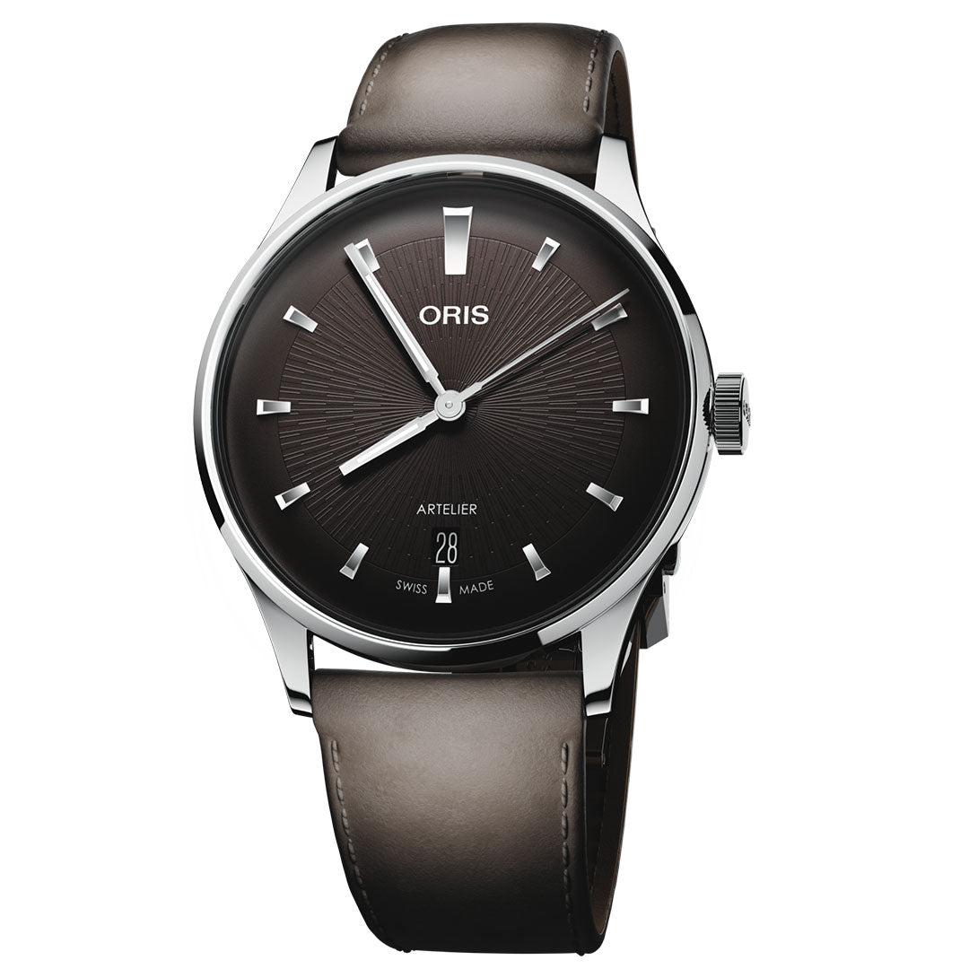 The ORIS Artelier Date Calibre 733-1 Automatic 38mm Watch features a brown leather strap, sunburst brown dial, silver markers and hands, date at 6 o’clock, and a polished silver case.