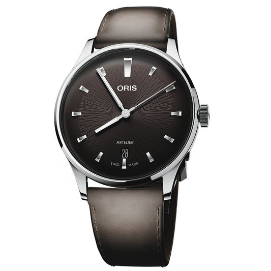 The ORIS Artelier Date Calibre 733-1 Automatic 38mm Watch features a brown leather strap, sunburst brown dial, silver markers and hands, date at 6 o’clock, and a polished silver case.