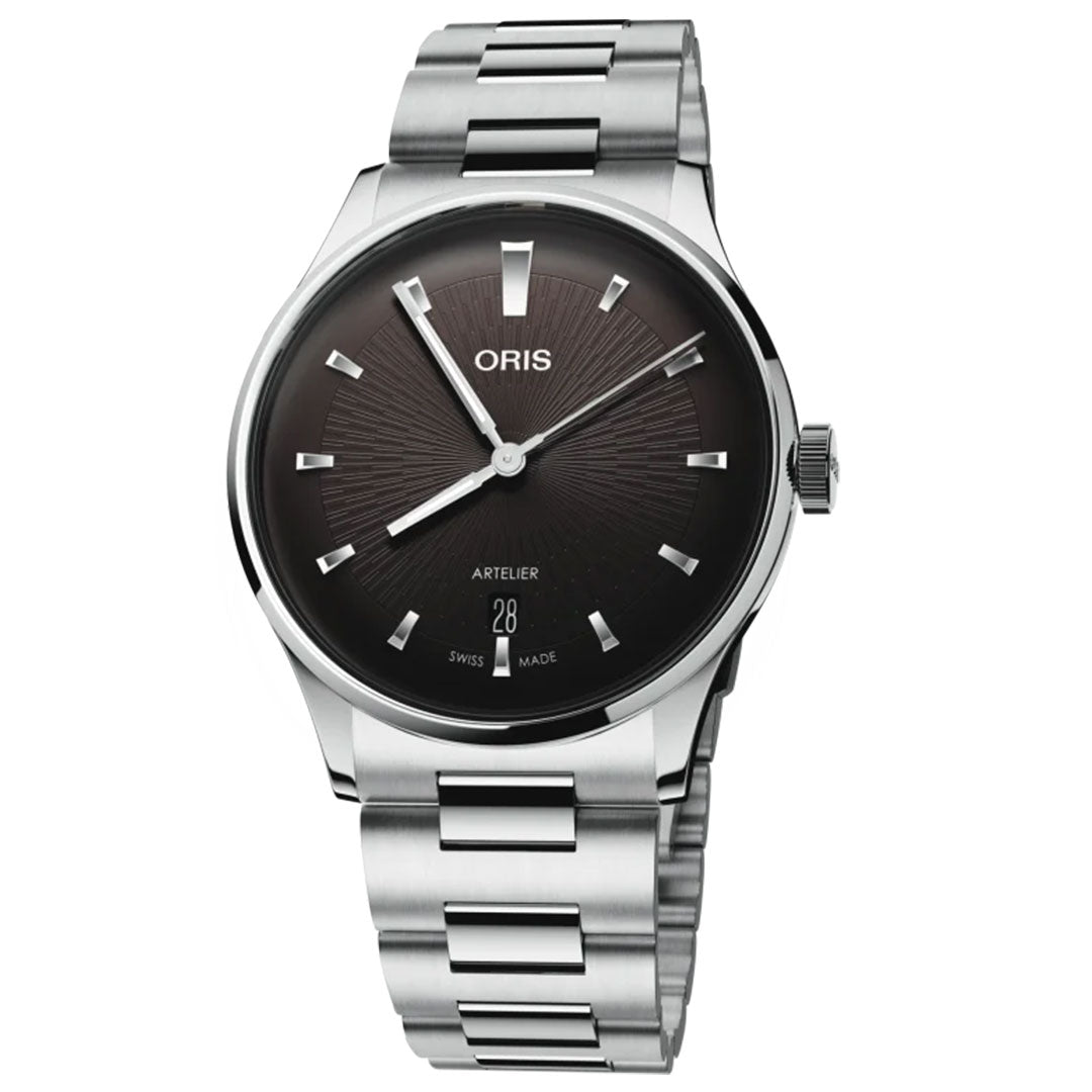 The ORIS Artelier Date Calibre 733-1 Automatic 38mm Watch features a black sunburst dial, silver markers and hands, date at 6 o’clock, and a polished stainless steel bracelet. Swiss Made mechanical elegance by ORIS.